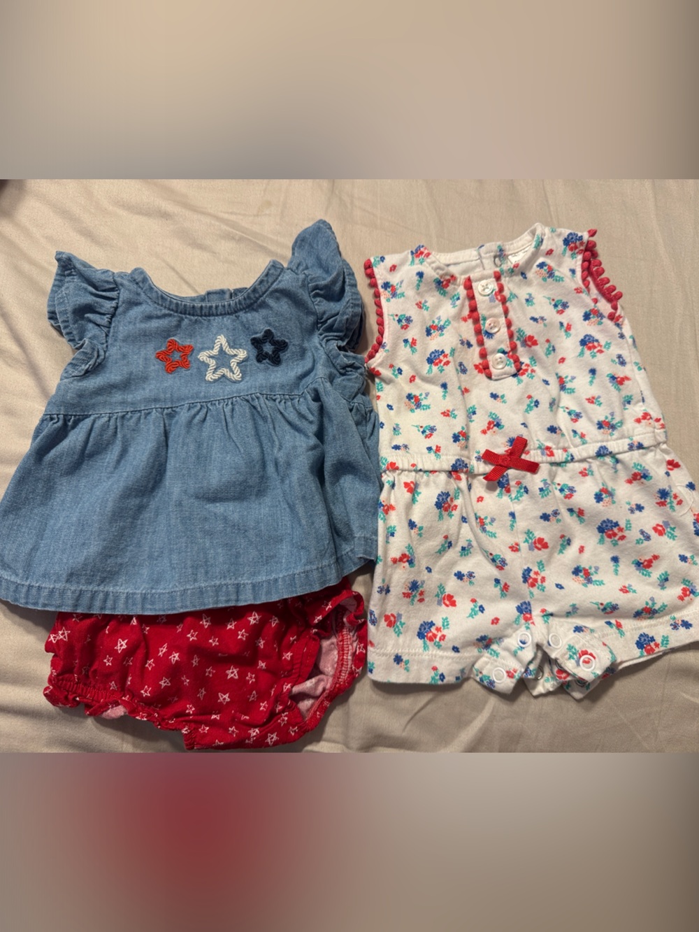Carters Baby Denim Dress with Red Star Bloomer and Floral Romper Set- Newborn